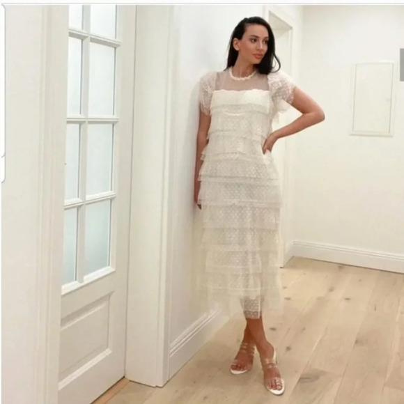 Zara ruffled tulle dress midi size sheer cream‎ polka dot S - Picture 1 of 12